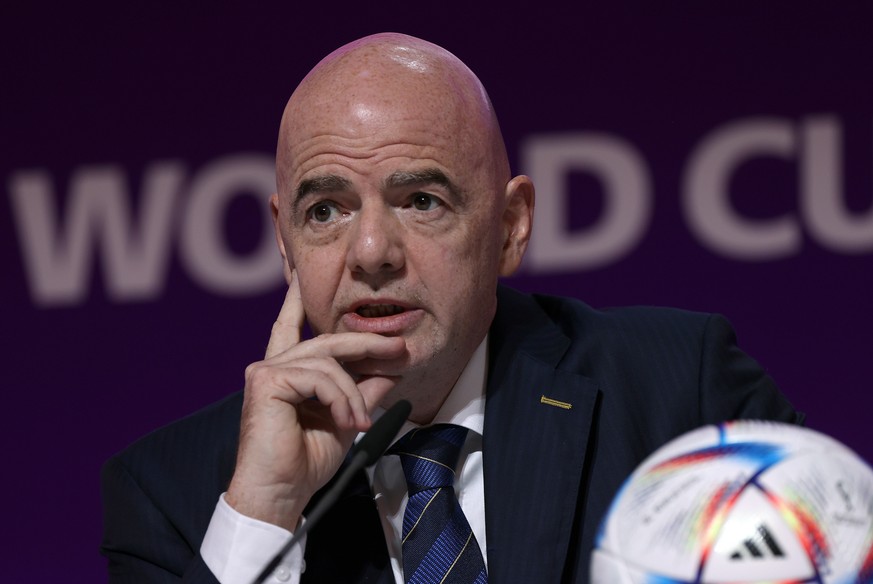 epa10313988 FIFA President Gianni Infantino addresses a press conference in Doha, Qatar, 19 November 2022. The FIFA World Cup Qatar 2022 will take place from 20 November to 18 December 2022. EPA/MOAHA ...