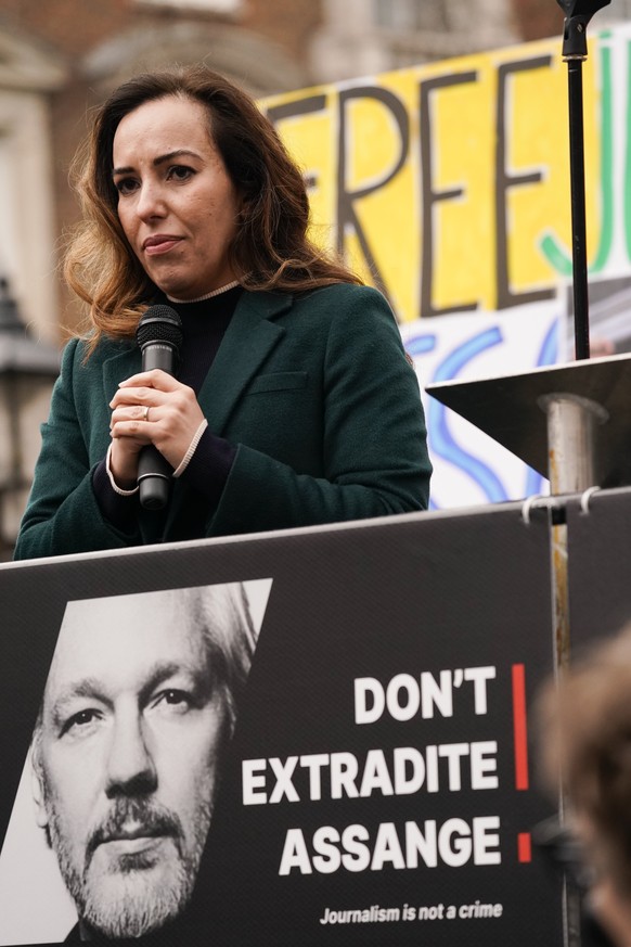 Stella Assange, wife of Julian Assange speaks outside the Royal Courts of Justice in London, Tuesday, Feb. 20, 2024. WikiLeaks founder Julian Assange will make his final appeal against his impending e ...