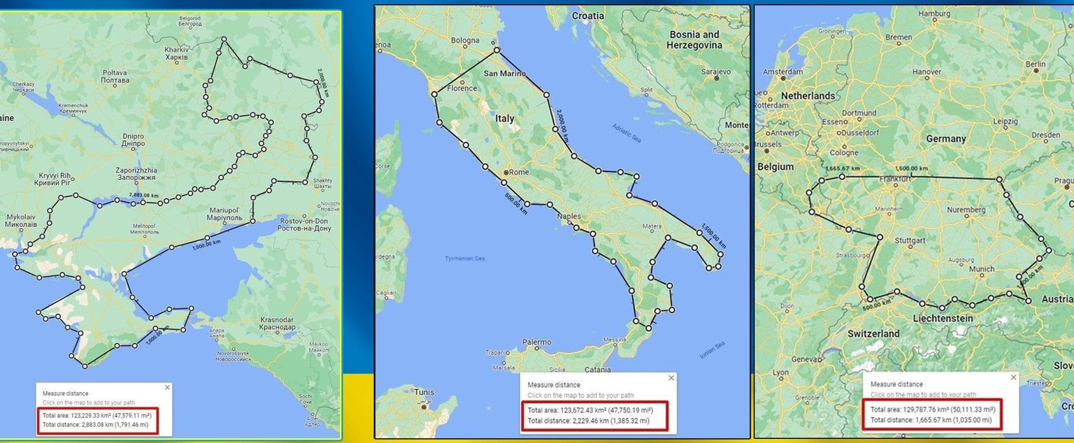 Le territoire conquis par la Russie en Ukraine (à gauche) comparé à l'Italie et à l'Allemagne. Les surfaces marquées sont toujours de la même taille.