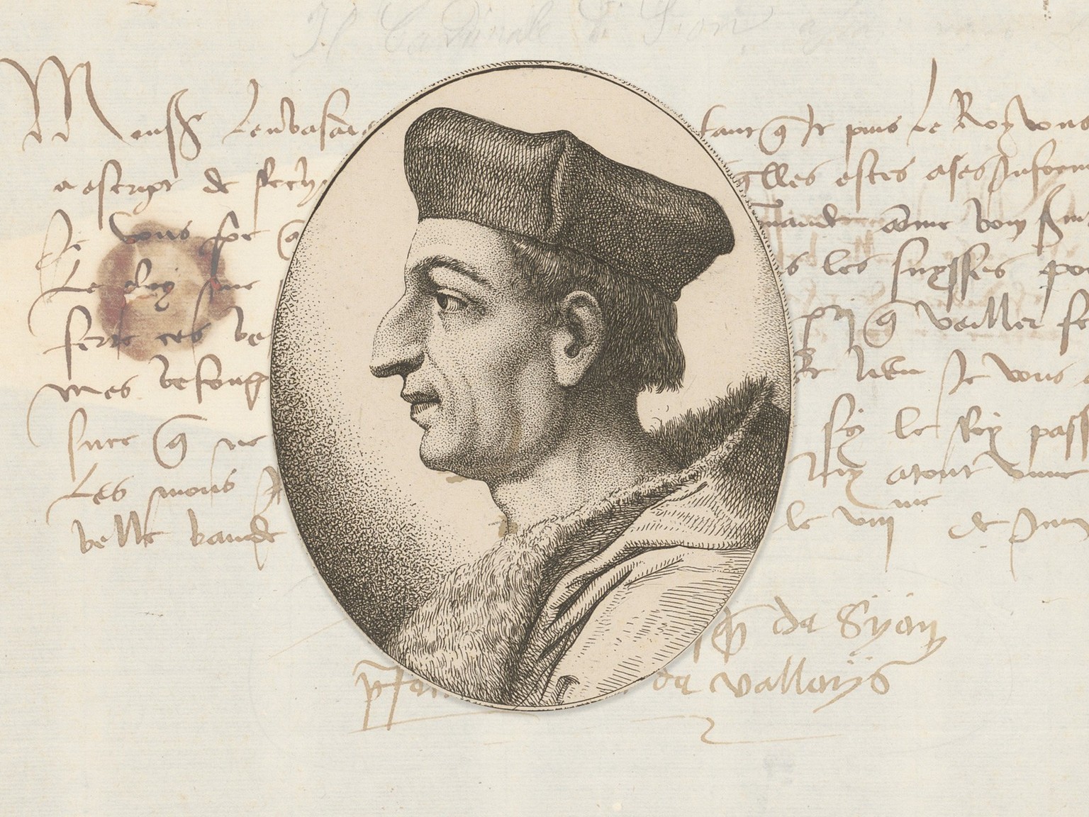 Mathieu Schiner dans un portrait de 1784. En arrière-plan, une lettre qu’il a adressée en sa qualité d’évêque à un envoyé du roi de France à Rome, non datée.
https://www.e-rara.ch/zuz/doi/10.3931/e-ra ...