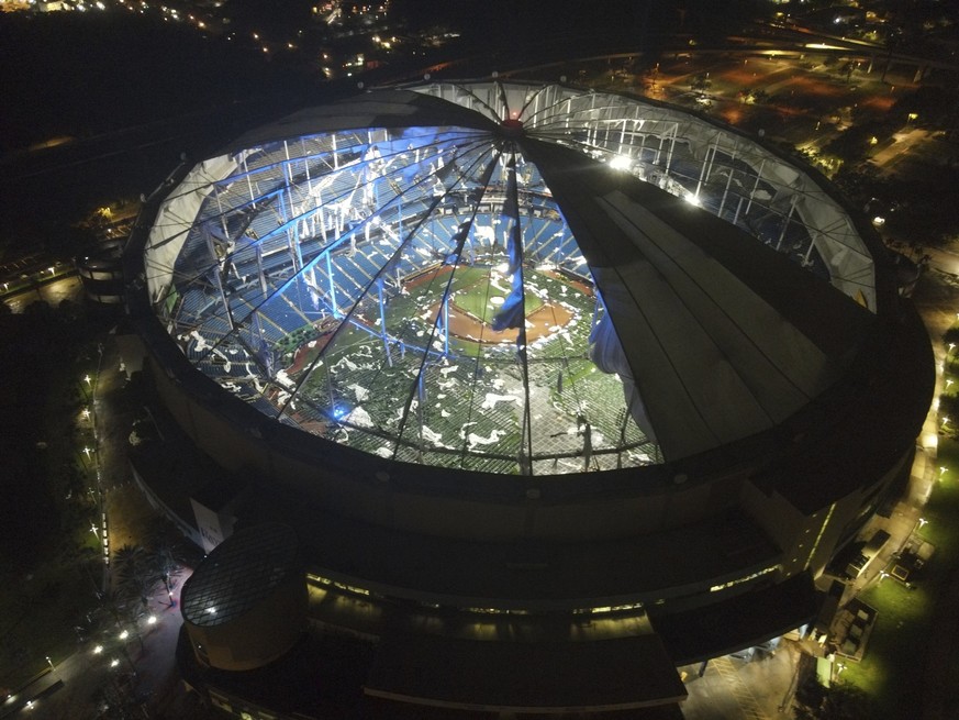 An aerial view of Tropicana Field&#039;s shredded roof in downtown St. Petersburg, Fla., in the wake of Hurricane Milton early Thursday, Oct. 10, 2024. (Max Chesnes/Tampa Bay Times via AP)