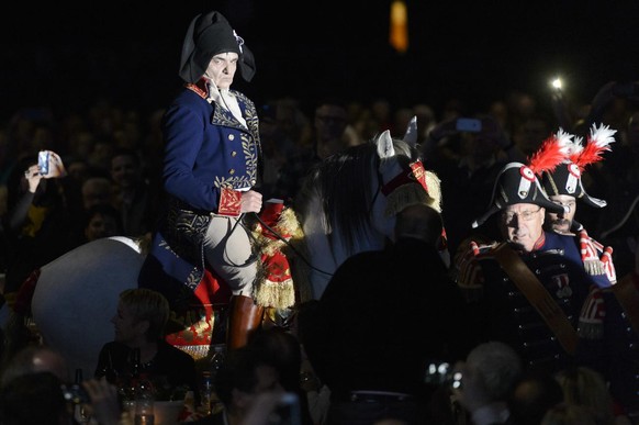 Christian Constantin, president du FC Sion deguise en l&#039;empereur Napoleon arrive a cheval lors de la soiree du repas de Gala du FC Sion, ce samedi 7 fevrier 2015 au Cerm a Martigny. 7015 personne ...