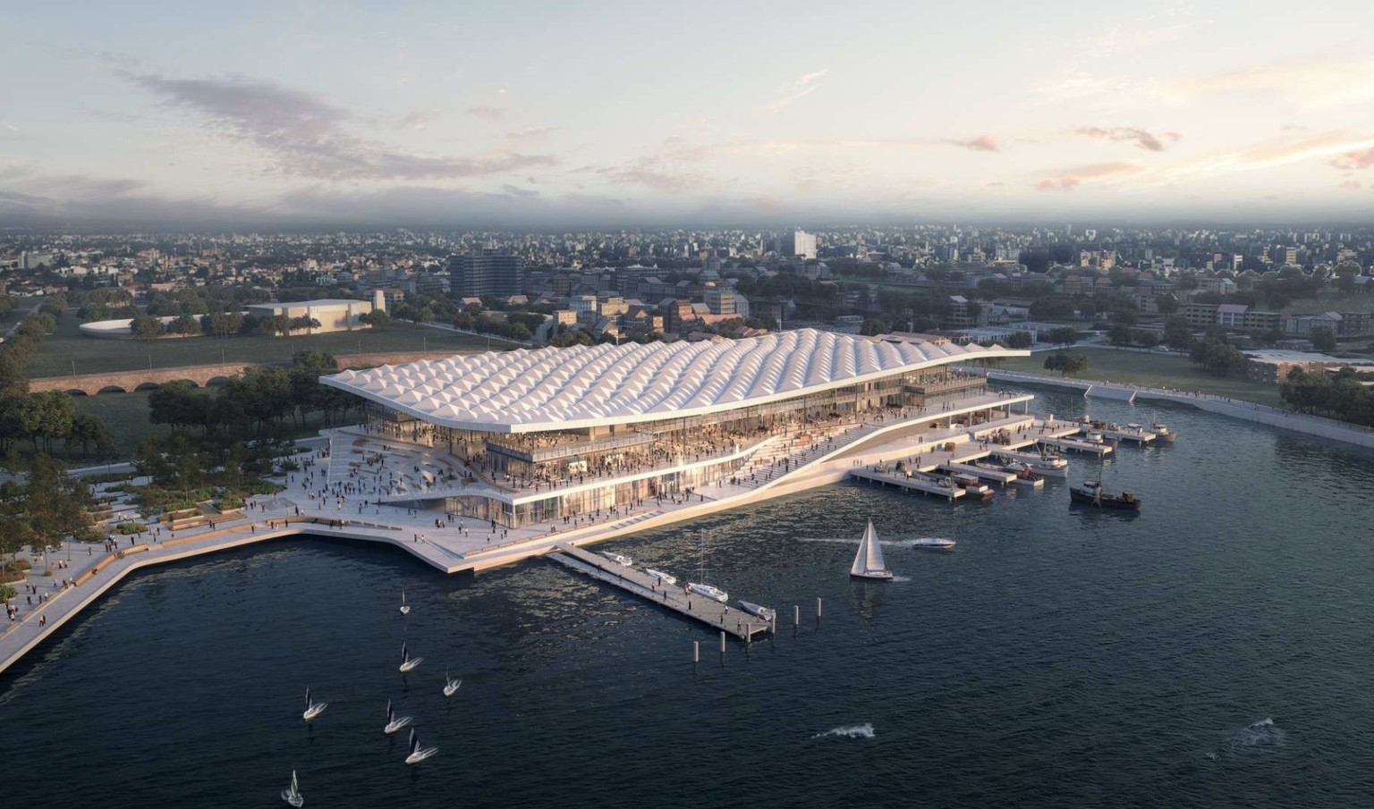 Le toit en forme de vague est équipé de 350 panneaux solaires triangulaires.