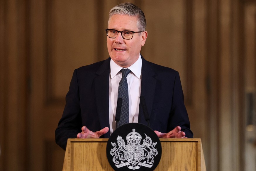 Britain's Prime Minister Keir Starmer speaks, during a meeting with leaders from across society to discuss tackling antisemitism, at Downing Street in London, Tuesday, May 5, 2026. (Hannah McKay/ ...