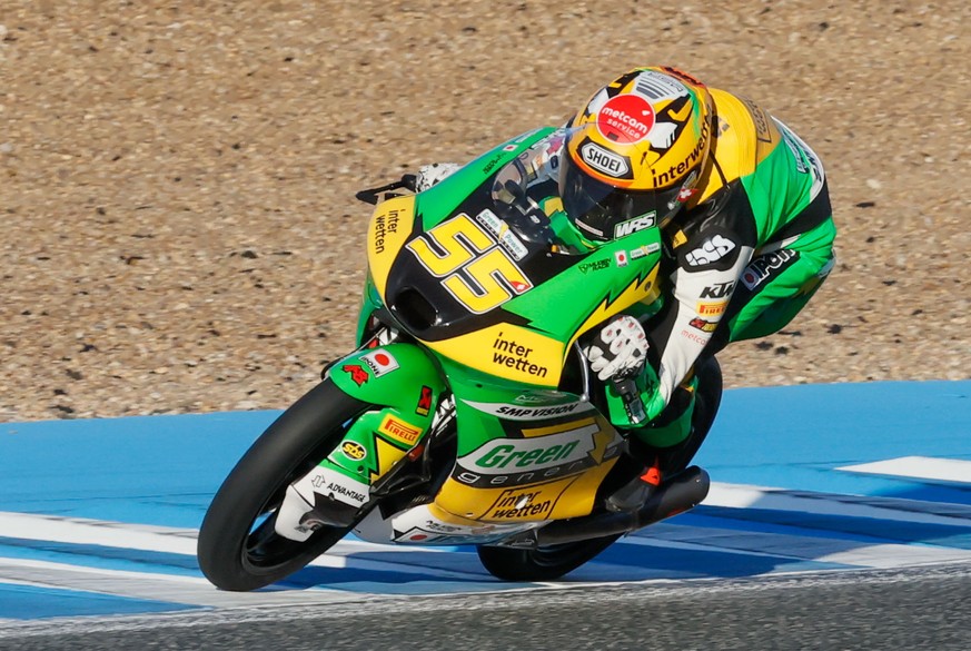 epa12055711 Swiss Moto 3 rider Noah Dettwiler of CIP Green Power participates in the second Moto3 Free Practice session for the Motorcycling Grand Prix of Spain, in Jerez de la Frontera, Spain, 26 Apr ...