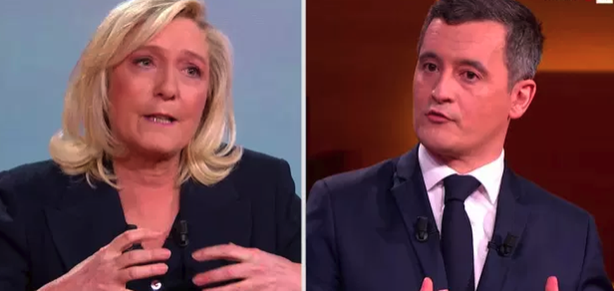 Marine Le Pen, présidente du mouvement de gauche, le Rassemblement national, à gauche, face à Gérald Darmanin, ministre de l'Intérieur, à droite.