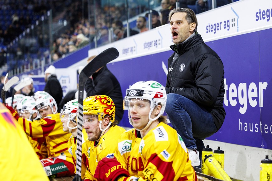 SCL Tigers Cheftrainer Thierry Paterlini waehrend dem Eishockey-Meisterschaftsspiel der National League zwischen den Teams EHC Kloten und SCL Tigers am Freitag, 12. Januar 2024, in Kloten. (KEYSTONE/P ...