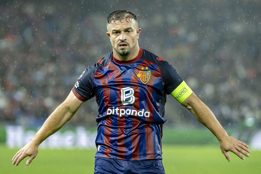 epa12313279 Basel&#039;s Xherdan Shaqiri gestures during the UEFA Champions League play-offs first leg soccer match between FC Basel 1893 and FC Copenhagen, in Basel, Switzerland, 20 August 2025. EPA/ ...
