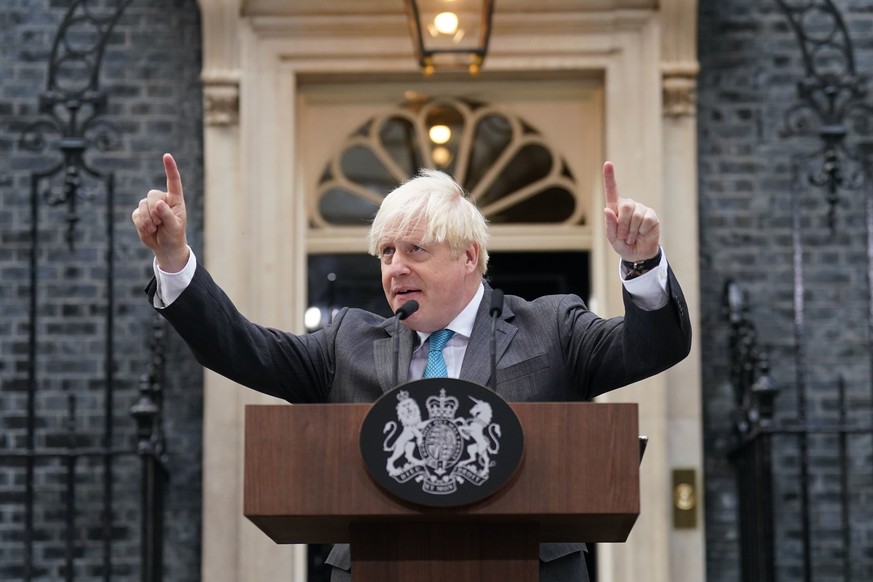 Outgoing British Prime Minister Boris Johnson speaks outside Downing Street in London, Tuesday, Sept. 6, 2022 before heading to Balmoral in Scotland, where he will announce his resignation to Britain& ...