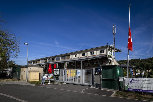 KEYPIX - A general view shows the entrance to the Schachen horse racing track, the site of a rave party, following a deadly shooting incident on Sunday, in Aarau on Tuesday, September 1, 2026. (KEYSTO ...