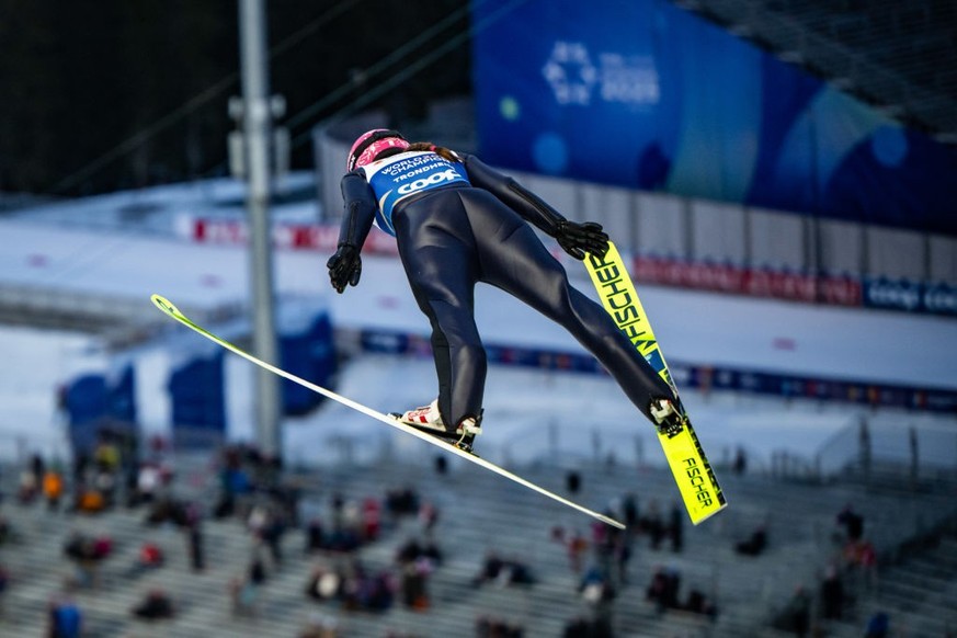 TRONDHEIM, NORWAY - MARCH 1: Agnes Reisch of Germany competes during the Women HS105 Ski Jumping Team Competition at the FIS World Ski Championships Trondheim at Granasen Skisenter on March 1, 2025 in ...
