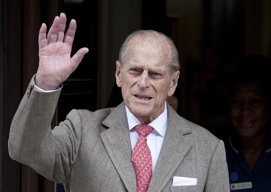 epa09018769 (FILE) Britain&#039;s Prince Philip, the Duke of Edinburgh waves as he is discharged from the King Edward VII hospital in central London, Britain, 09 June 2012 (reissued 17 February 2020). ...