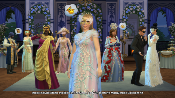 Les premières images du Pack mode «Bal masqué Lady Bridgerton» pour Les Sims 4.