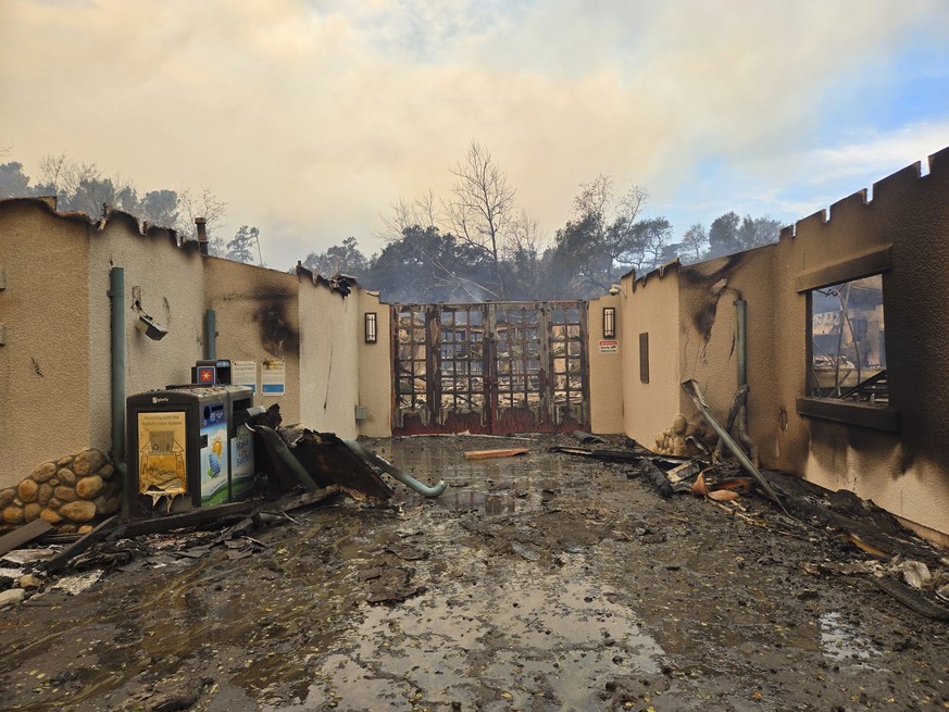 This photo provided by Los Angeles County Department of Parks and Recreation shows wildfire damage at the Eaton Canyon Nature Center on Wednesday, Jan. 8, 2025 Pasadena, Calif. (Los Angeles County Dep ...