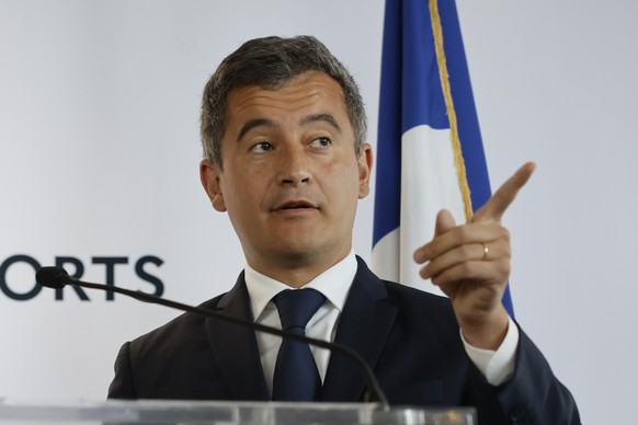 French Interior Minister Gerald Darmanin attends a press conference following a meeting on security after incidents during the Champions League final at the Stade France stadium, Monday, May 30, 2022  ...