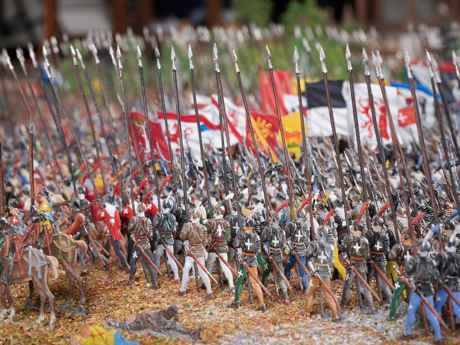 Les piquiers suisses à la bataille de Morat, quelque 40 ans plus tôt. À la fin du XVe siècle, de nouvelles techniques apparurent et rendirent cette manière de guerroyer mortelle pour les soldats. Déta ...