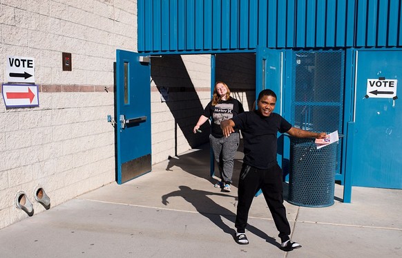 UNITED STATES - NOVEMBER 8: Voters leave after casting their ballots at Cheyenne High School in North Las Vegas on Election Day, Nov. 8, 2016. There were no lines at the location in the morning, most  ...