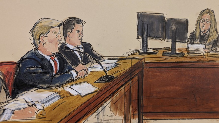 Former President Donald Trump, far left, pleads not guilty as the Clerk of the Court reads the charges and asks him &quot;How do you plea?&quot; Tuesday, April 4, 2023, in a Manhattan courtroom in New ...