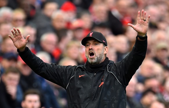 epa09554527 Liverpool manager Juergen Klopp reacts on the touchline during the English Premier League soccer match between Liverpool FC and Brighton Hove Albion in Liverpool, Britain, 30 October 2021. ...