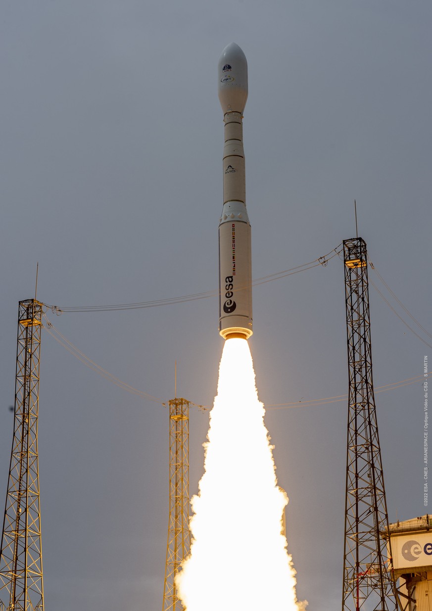 FILE - This photograph provided by the European Space Agency shows the Vega-C rocket lifting off from its launch pad at the Kourou space base, French Guiana, Wednesday, July 13, 2022. France, Germany  ...