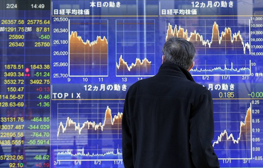 epaselect epa09780248 A person looks at a stock market indicator board in Tokyo, Japan, 24 February 2022. The Nikkei Stock Average lost 478.79 points, or 1.81 percent, to close at 25,970.82, its lowes ...