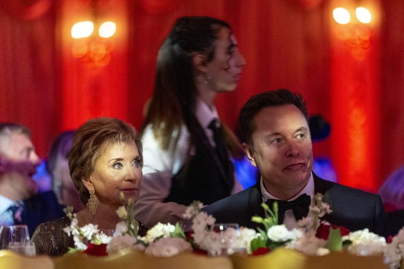 Linda McMahon, left, and Elon Musk, listen as President-elect Donald Trump speaks during an America First Policy Institute gala at his Mar-a-Lago estate, Thursday, Nov. 14, 2024, in Palm Beach, Fla. ( ...