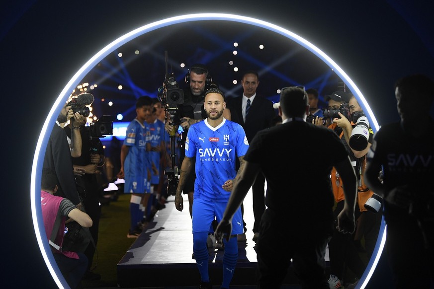 Brazilian national team&#039;s historical top scorer and the star of Paris Saint-Germain, Neymar Jr. attends the official unveiling as a new member of Saudi Al Hilal club at King Fahd Stadium in Riyad ...