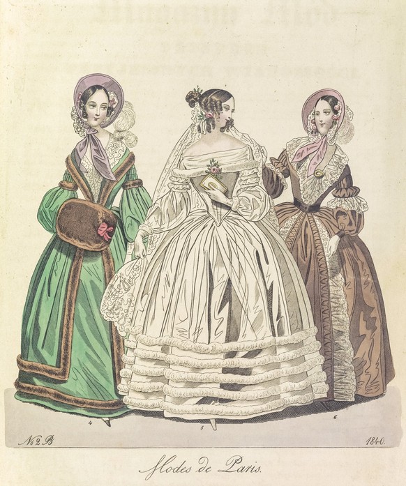 Vintage fashion illustration of three women in elaborate, 19th-century dresses with intricate lace and embroidery. They wear bonnets, holding fans, set against a beige background.