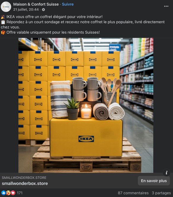 Un concours frauduleux utilise l&#039;image d&#039;Ikea pour vendre un prétendu coffret.
