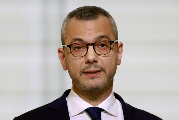 epa11791309 French Secretary-General of the Elysee Palace, Alexis Kohler announces the names of the ministers of the new cabinet, in the courtyard of the Elysee Palace, in Paris, France, 23 December 2 ...