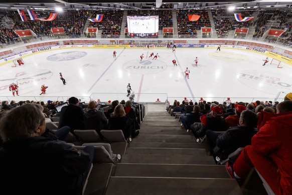 View of the arena and the spectators during the ice hockey tournament NaturEnergie Challenge game between Switzerland and Russia at the Lonza Arena ice rink in Visp, Switzerland, Friday, December 13,  ...