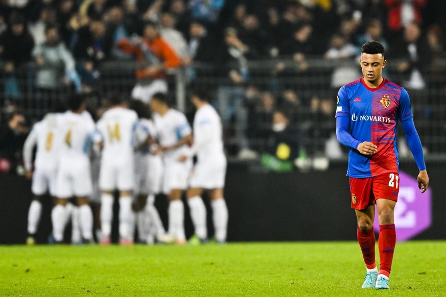 Basel&#039;s Dan Ndoye reacts after Marseille&#039;s Cengiz Uender scored 1-1 during the UEFA Conference League round of 16 second leg soccer match between Switzerland&#039;s FC Basel 1893 and France& ...