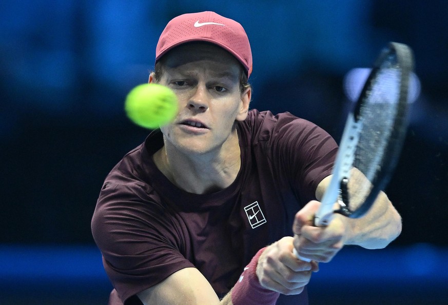 epaselect epa12529900 Jannik Sinner of Italy in action during the men&#039;s singles final match against Carlos Alcaraz of Spain at the ATP Finals in Turin, Italy, 16 November 2025. EPA/ALESSANDRO DI  ...