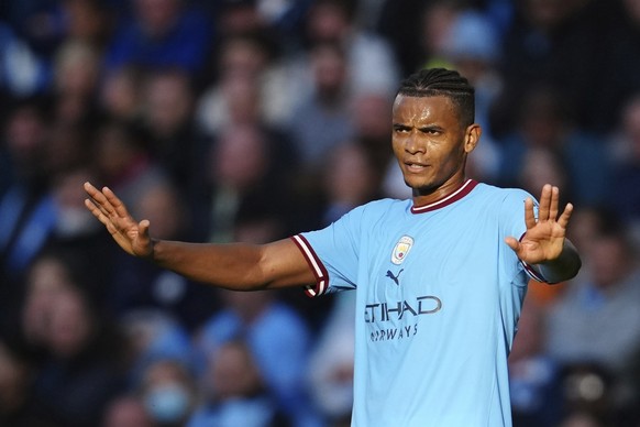 Manchester City&#039;s Manuel Akanji gestures during the English Premier League soccer match between Manchester City and Southampton at Etihad stadium in Manchester, England, Saturday, Oct. 8, 2022. ( ...