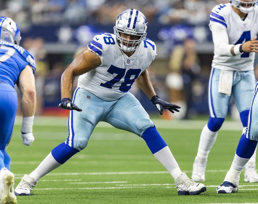 FILE - Dallas Cowboys offensive tackle Terence Steele (78) plays during an NFL football game against the Detroit Lions, Sunday, Oct. 23, 2022, in Arlington, Texas. Steele signed an $87 million, five-y ...