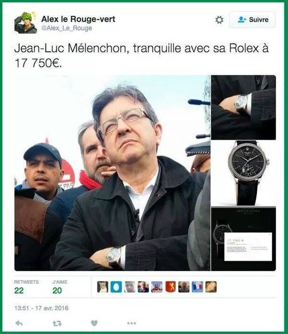 Jean-Luc Mélenchon, gourou de l'extrême gauche française, s'était pris la même polémique, en 2016, le faisant posséder une Rolex hors de prix. Une fake news.