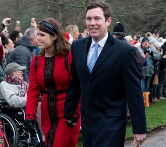 KING&#039;S LYNN, ENGLAND - DECEMBER 25: Princess Eugenie and Jack Brooksbank attend Christmas Day Church service at Church of St Mary Magdalene on the Sandringham estate on December 25, 2018 in King& ...