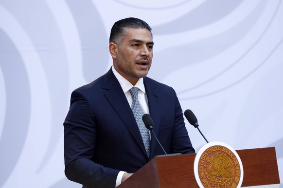 Secretary of Security and Citizen Protection, Omar Garcia Harfuch speaks during the presentation of the Plan Michoacan for Peace and Justice at the National Palace. on November 9, 2025, in Mexico City ...