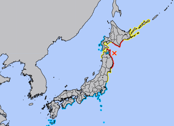 L&#039;épicentre du séisme et les régions touchées par l&#039;alerte au tsunami, en rouge.