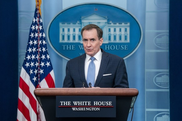 epa10429598 Coordinator for Strategic Communications at the National Security Council John Kirby responds to a question from the news media following President Biden&#039;s announcement of the transfe ...