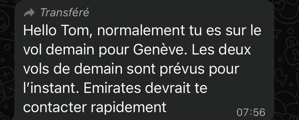 Un message reçu par un Suisse pour se départ de Dubaï.