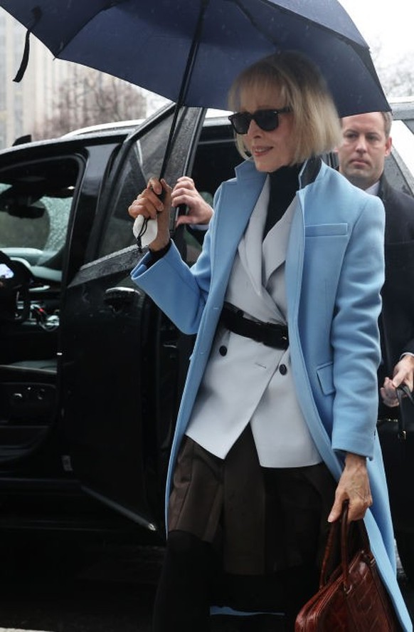 NEW YORK, NEW YORK - JANUARY 25: E. Jean Carroll arrives at Manhattan federal court in New York as her defamation suit against Donald Trump resumes after a juror and lawyer fell sick on January 25, 20 ...