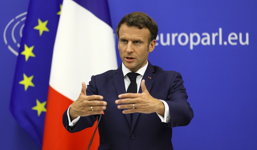 Emmanuel Macron lors de la clôture de la Conférence sur l&#039;avenir de l&#039;Europe au Parlement européen à Strasbourg le 9 mai 2022.