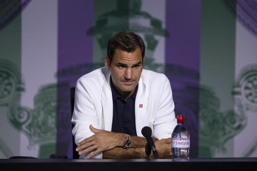 Roger Federer of Switzerland speaks during a press conference at the All England Lawn Tennis Championships in Wimbledon, London, on Saturday, June 29, 2019. The Wimbledon Tennis Championships 2019 wil ...