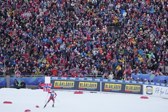 Johannes Hoesflot Klaebo, of Norway, approaches the finish line to win the gold medal in the cross-country men&#039;s relay 4X7.5 Km at the Nordic World Ski Championships in Trondheim, Norway, Thursda ...