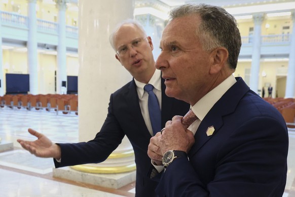 President Vladimir Putin&#039;s investment envoy Kirill Dmitriev, left, welcomes U.S. President Donald Trump&#039;s special envoy Steve Witkoff to the talks with Russian President Vladimir Putin in St ...