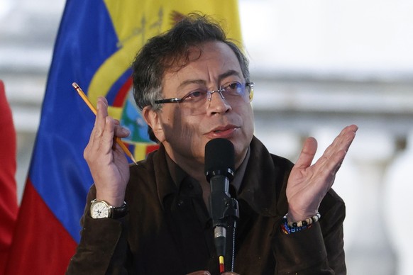 epa12461359 Colombian President Gustavo Petro speaks during a public ceremony recognizing the state&#039;s international responsibility before the Jose Alvear Restrepo Lawyers&#039; Collective (Cajar) ...
