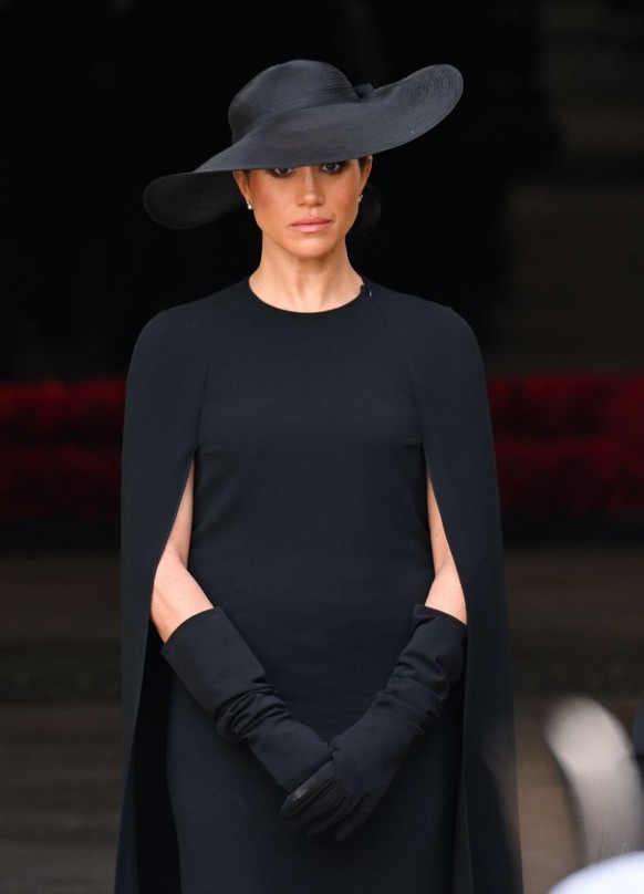 LONDON, ENGLAND - SEPTEMBER 19: Meghan, Duchess of Sussex during the State Funeral of Queen Elizabeth II at Westminster Abbey on September 19, 2022 in London, England. Elizabeth Alexandra Mary Windsor ...