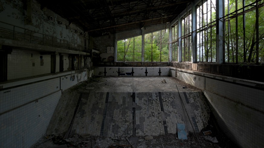Toutes les vitres autour de la piscine sont brisées, tandis que la forêt est à deux doigts de pénétrer les lieux.