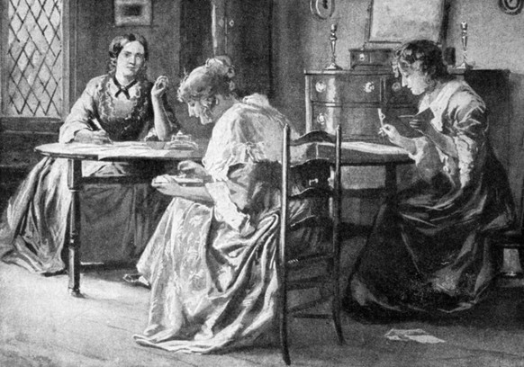 BRONT� SISTERS. Charlotte 1816-1855, Emily Jane 1818-1848 and Anne 1820-1849 Bront� writing in the rectory at Haworth, in Yorkshire, England. Engraving after a watercolor, English, 19th century. PUBLI ...